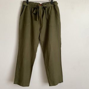 Anthropologie Cartonnier Olive Green Linen Blend Pockets Relax Belted Pants Sz L